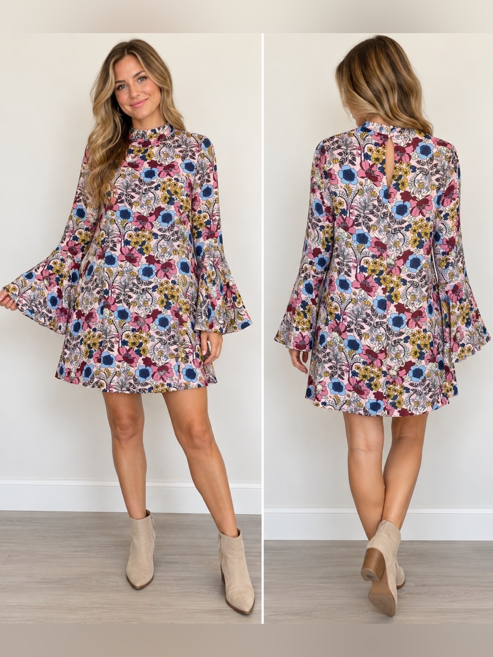 Speechless Floral Bell Sleeve Mini Dress | Size M | Pink Blue Burgundy